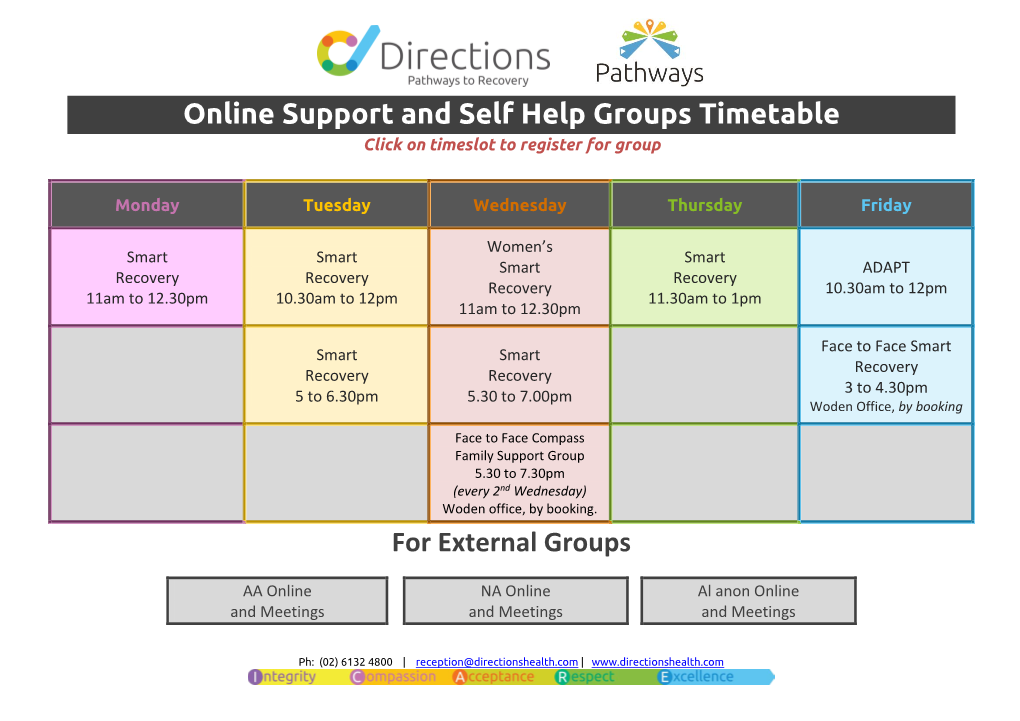 Online Support and Self Help Groups Timetable for External Groups