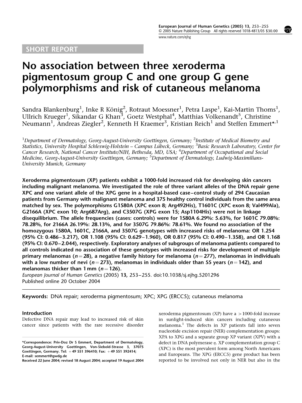 No Association Between Three Xeroderma Pigmentosum Group C and One Group G Gene Polymorphisms and Risk of Cutaneous Melanoma