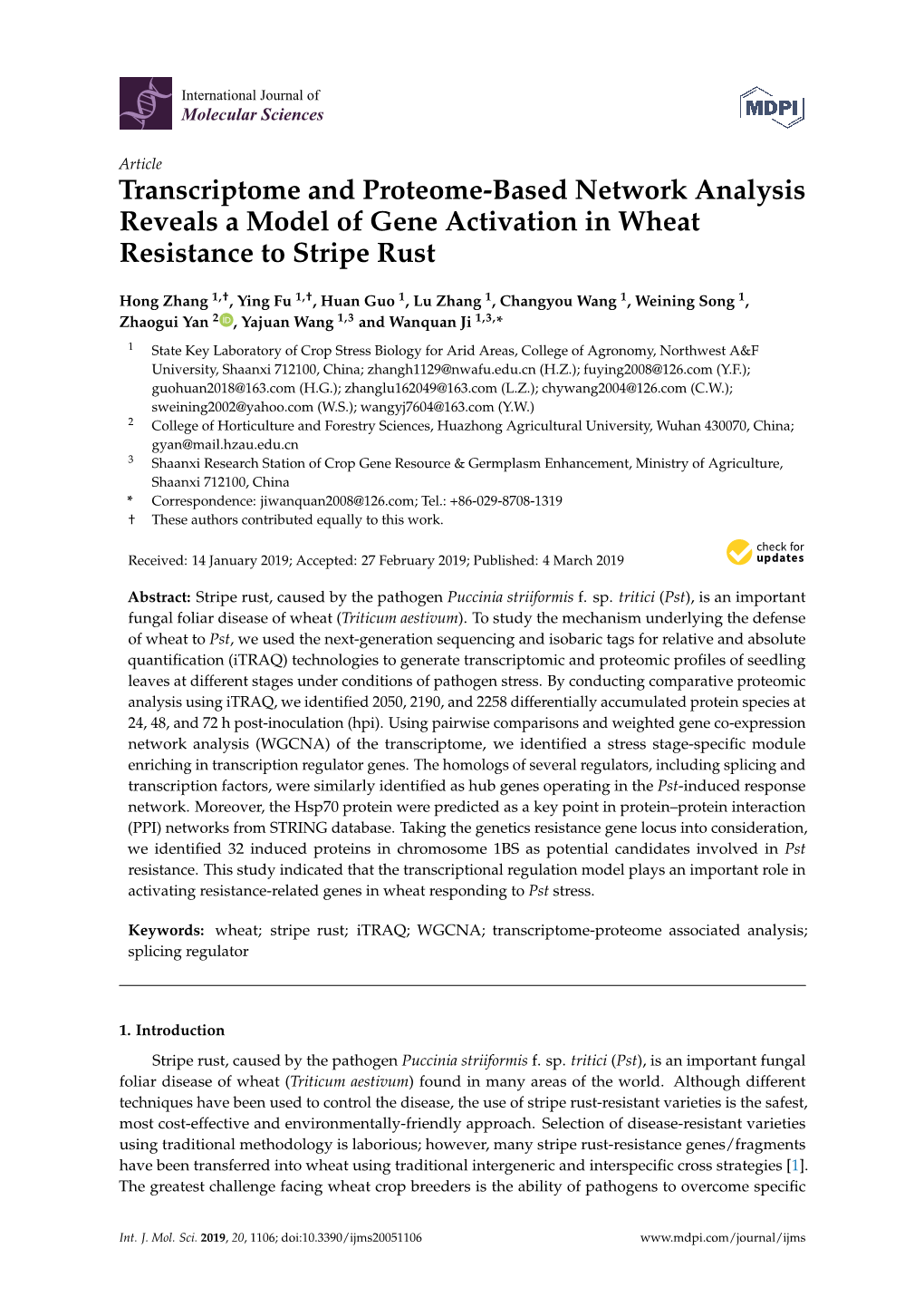 Transcriptome and Proteome-Based Network Analysis Reveals a Model of Gene Activation in Wheat Resistance to Stripe Rust