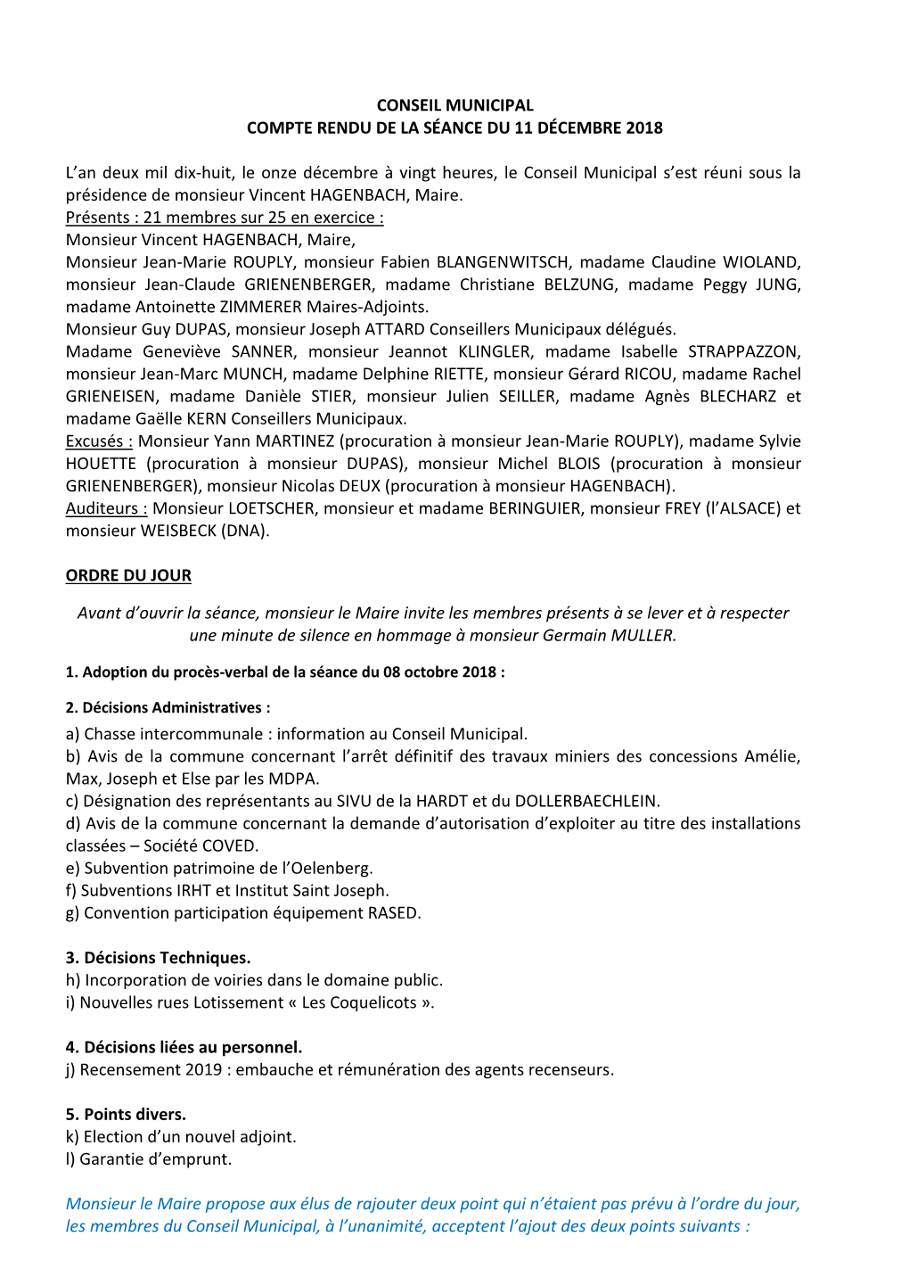 Conseil Municipal Compte Rendu De La Séance Du 11 Décembre 2018