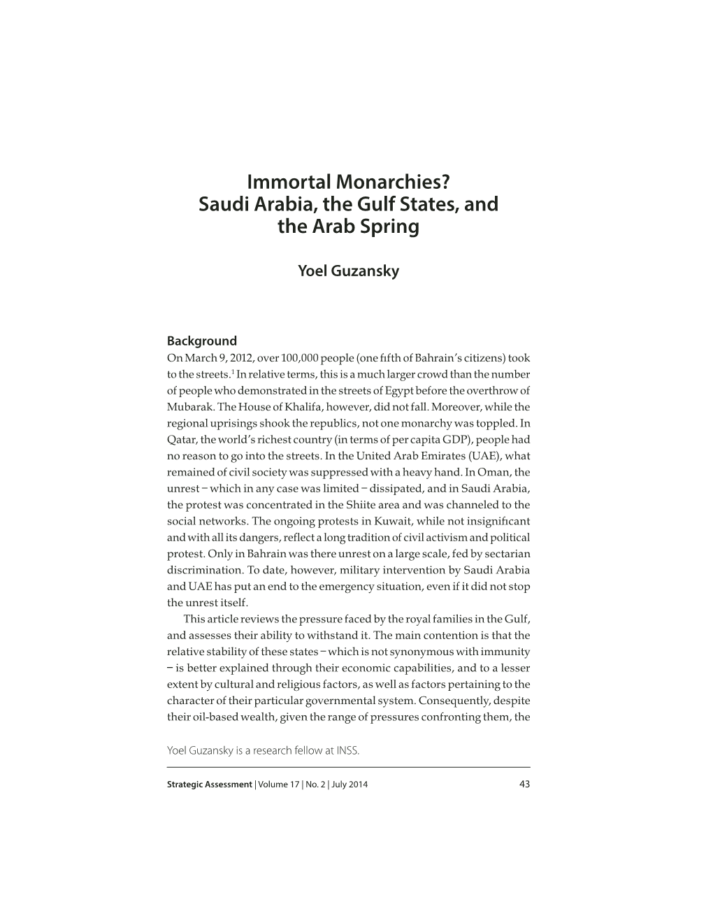 Immortal Monarchies? Saudi Arabia, the Gulf States, and the Arab Spring