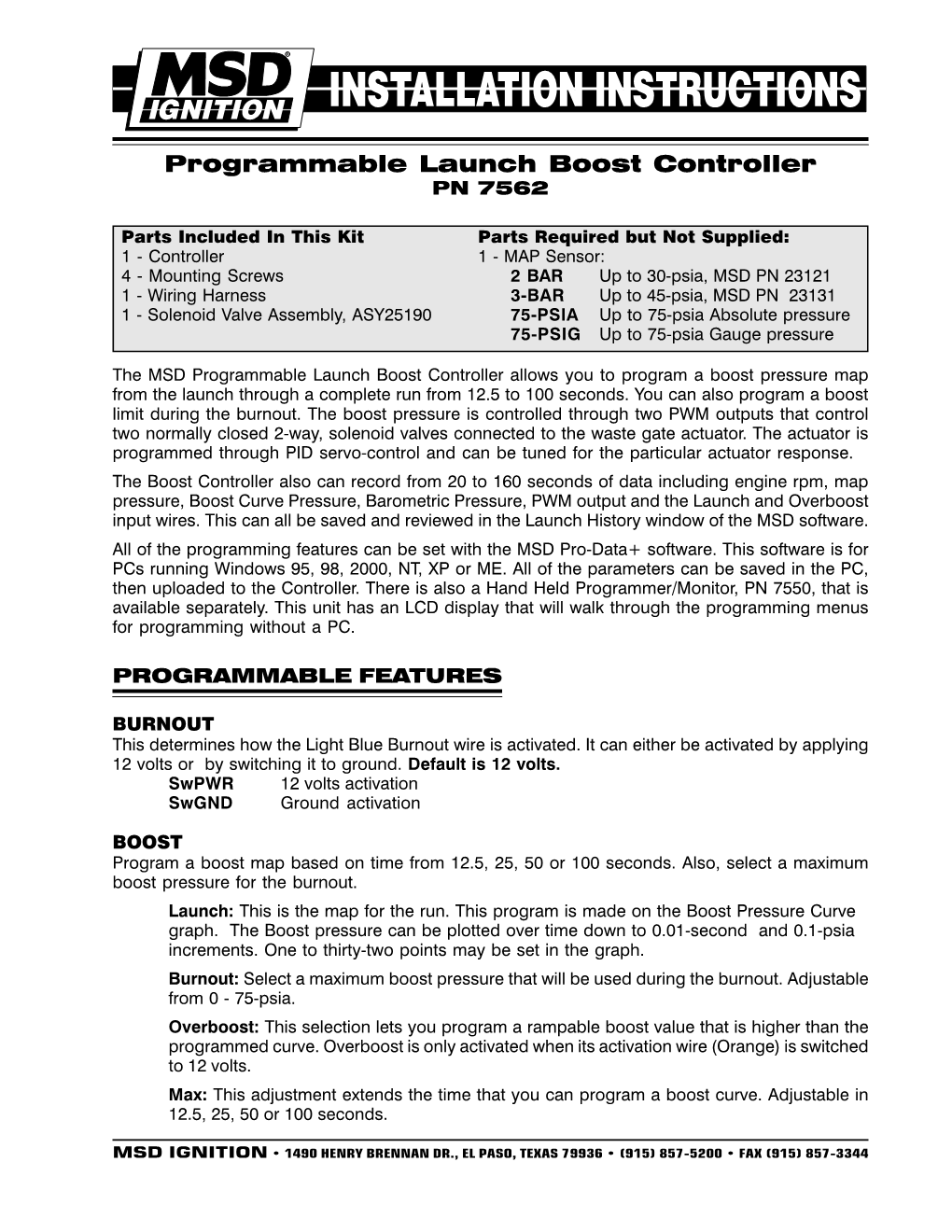 Programmable Launch Boost Controller PN 7562