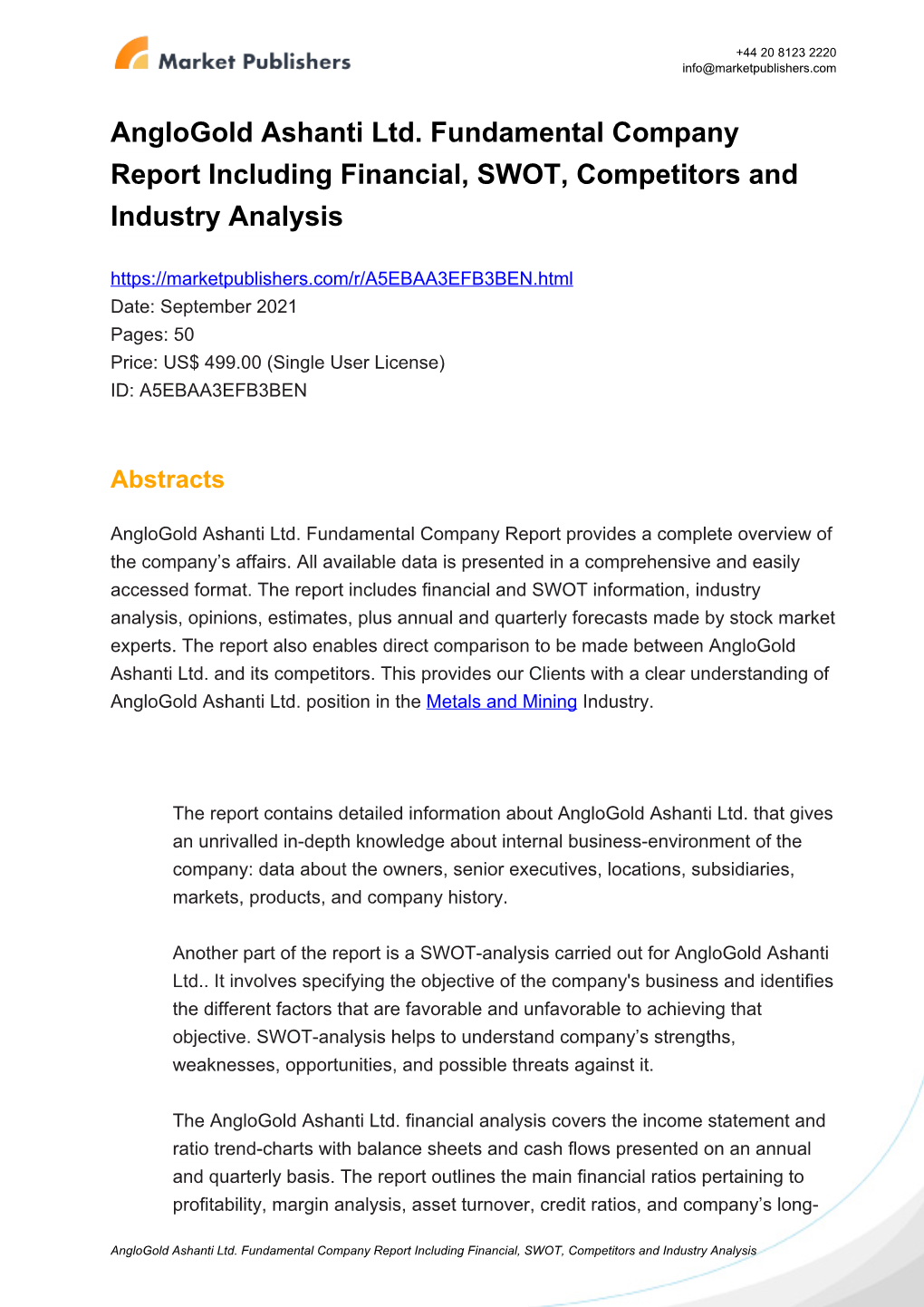 Anglogold Ashanti Ltd. Fundamental Company