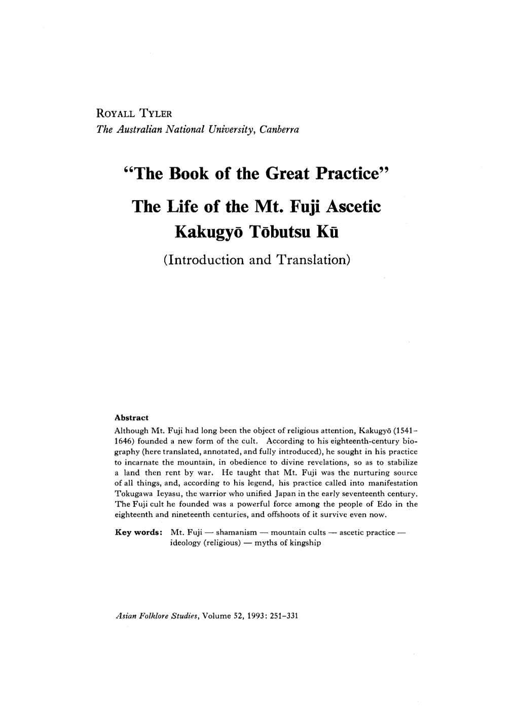 The Life of the Mt. Fuji Ascetic Kakugyo Tobutsu Ku (Introduction and Translation)