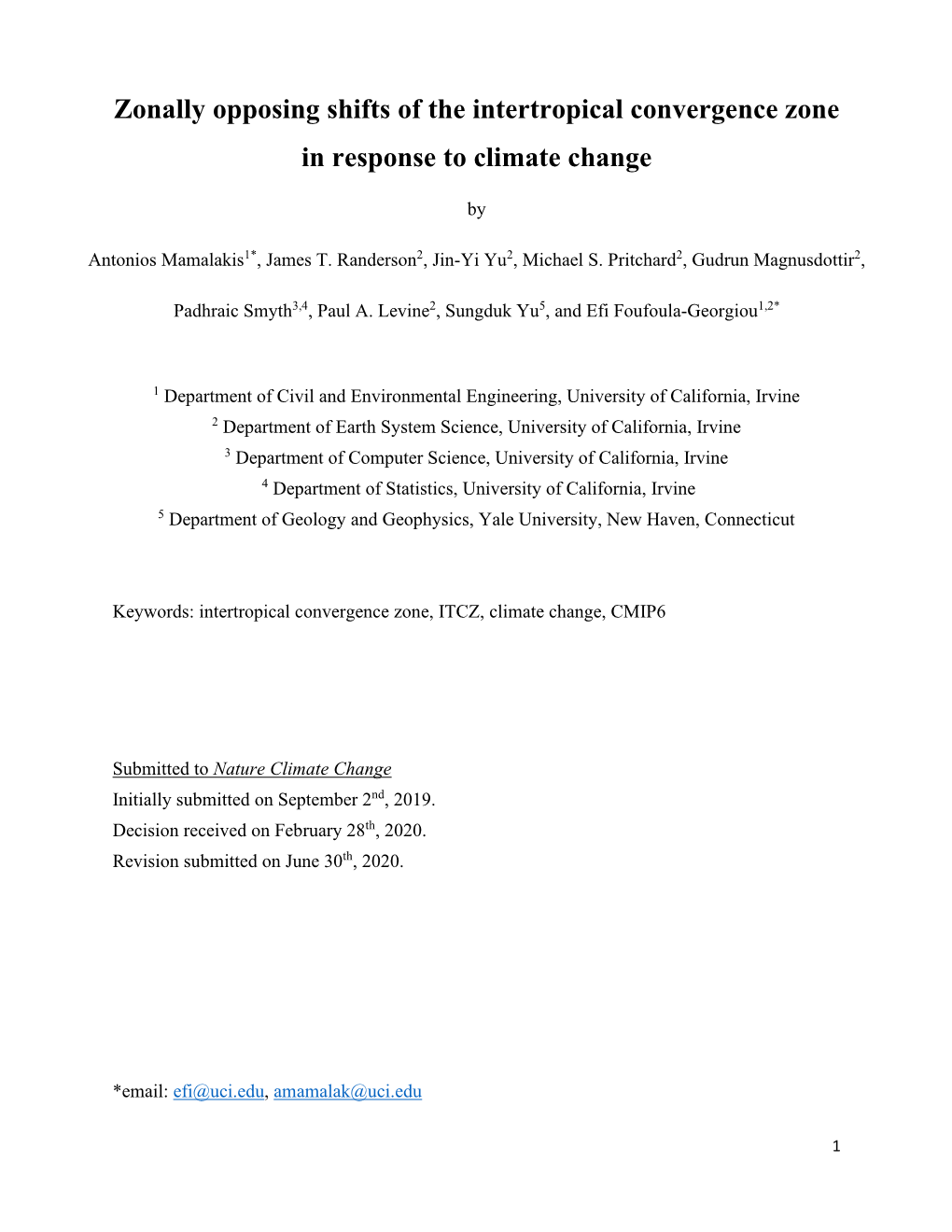 Zonally Opposing Shifts of the Intertropical Convergence Zone in Response to Climate Change