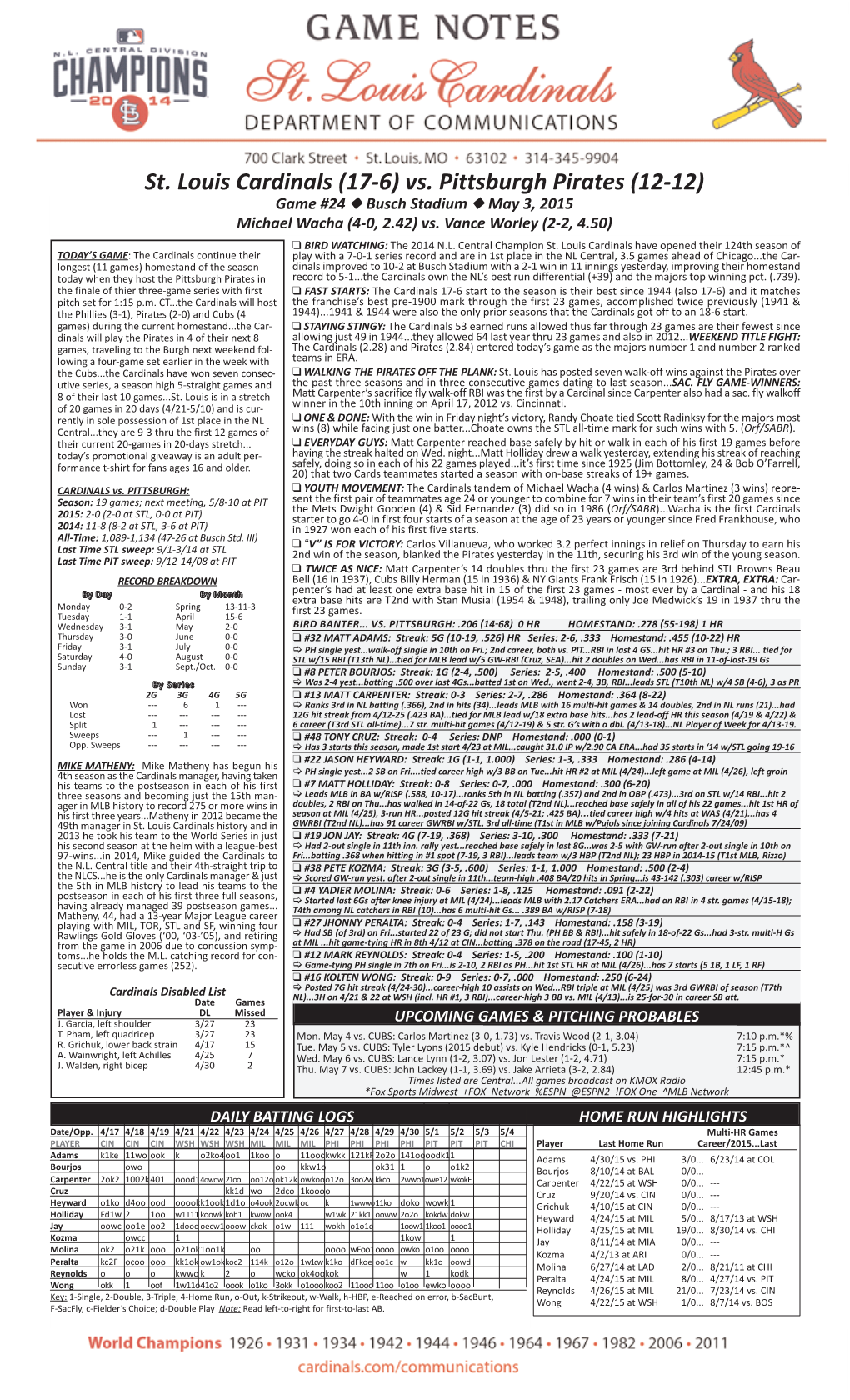 St. Louis Cardinals (17-6) Vs. Pittsburgh Pirates (12-12) Game #24 N Busch Stadium N May 3, 2015 Michael Wacha (4-0, 2.42) Vs