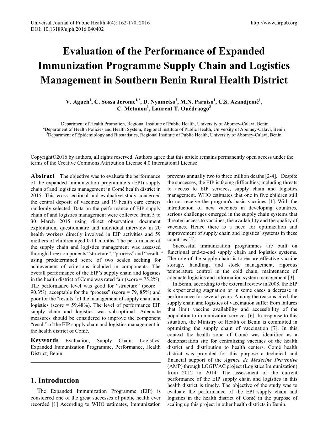 Evaluation of the Performance of Expanded Immunization Programme Supply Chain and Logistics Management in Southern Benin Rural Health District
