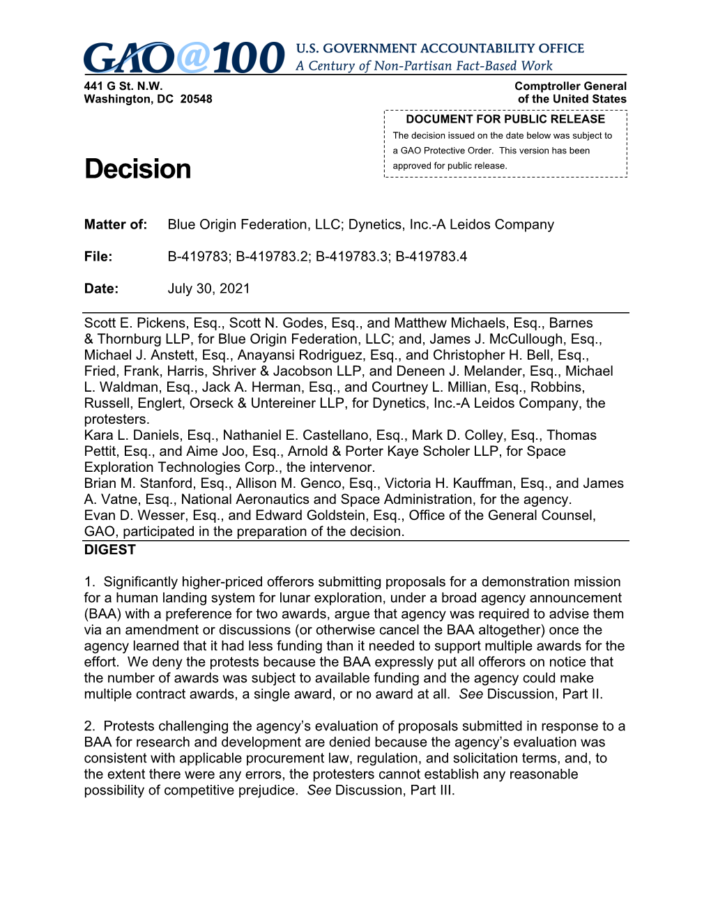 B-419783; B-419783.2; B-419783.3; B-419783.4, Blue Origin Federation, LLC; Dynetics, Inc.-A Leidos Company