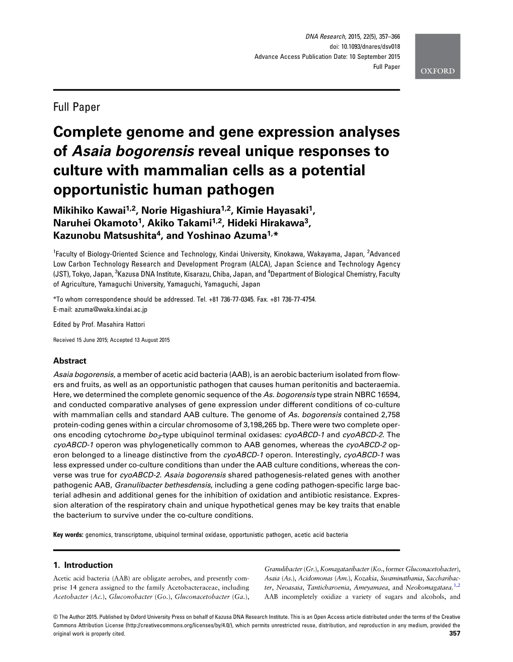 Complete Genome and Gene Expression Analyses of Asaia