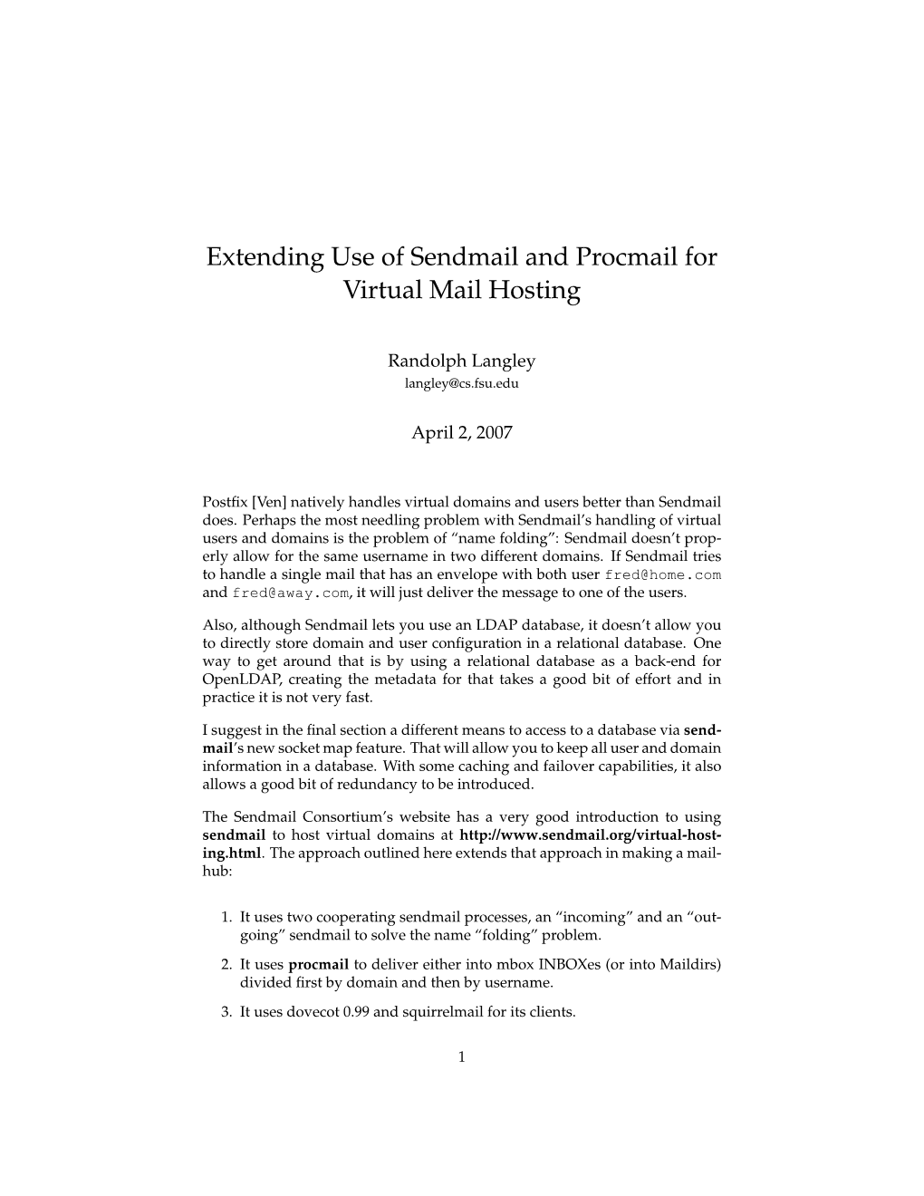 Extending Use of Sendmail and Procmail for Virtual Mail Hosting