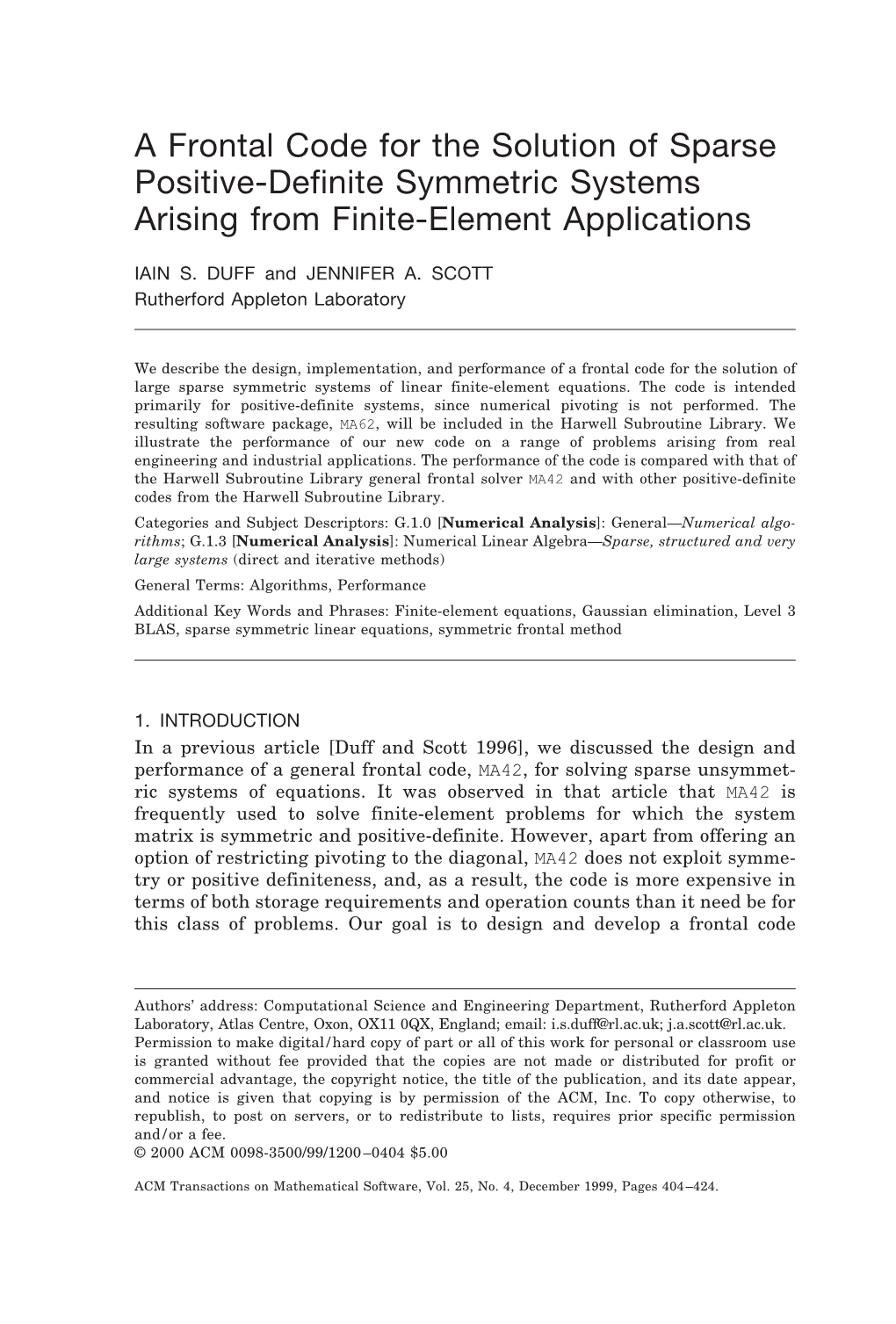 A Frontal Code for the Solution of Sparse Positive-Definite Symmetric Systems Arising from Finite-Element Applications