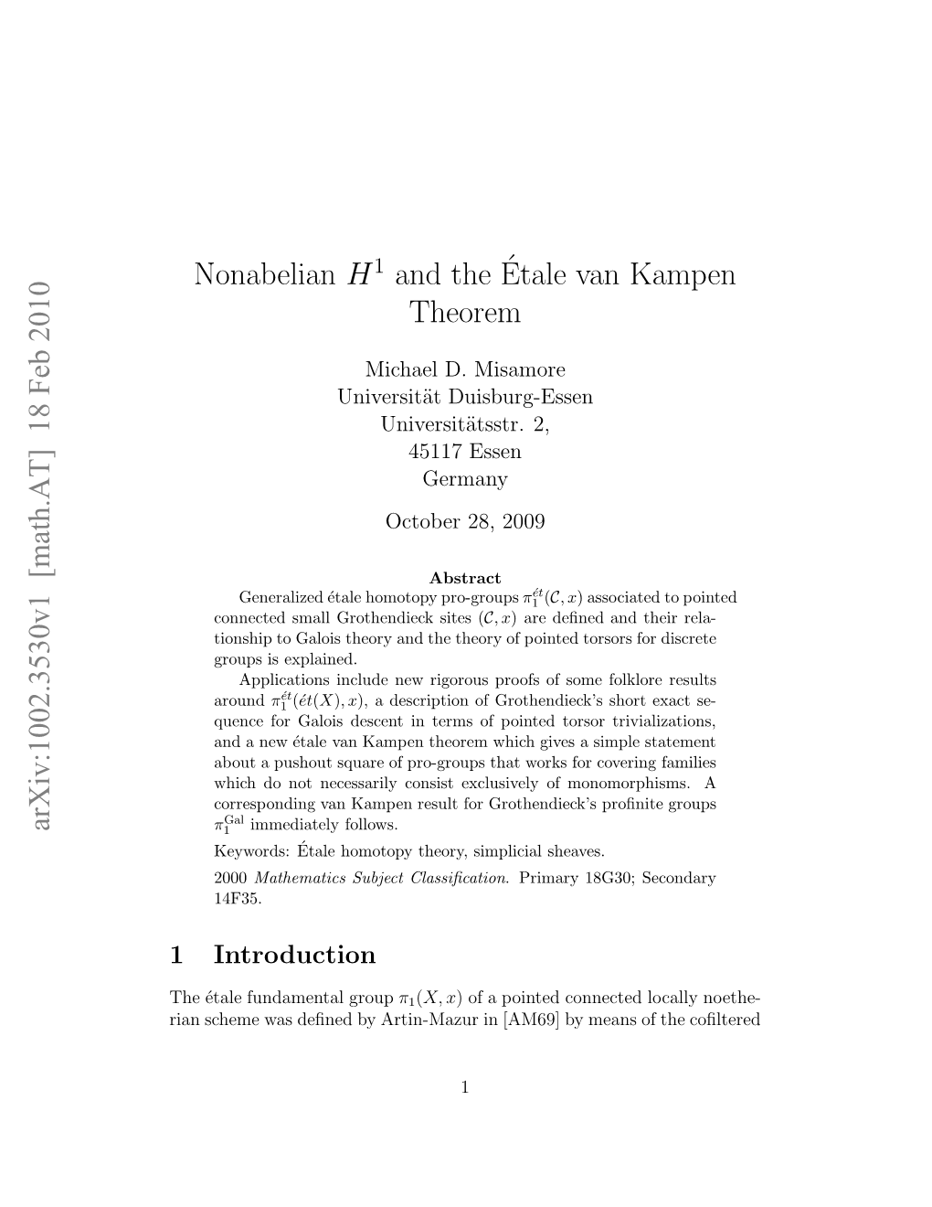 Nonabelian $ H^ 1$ and The\'Etale Van Kampen Theorem