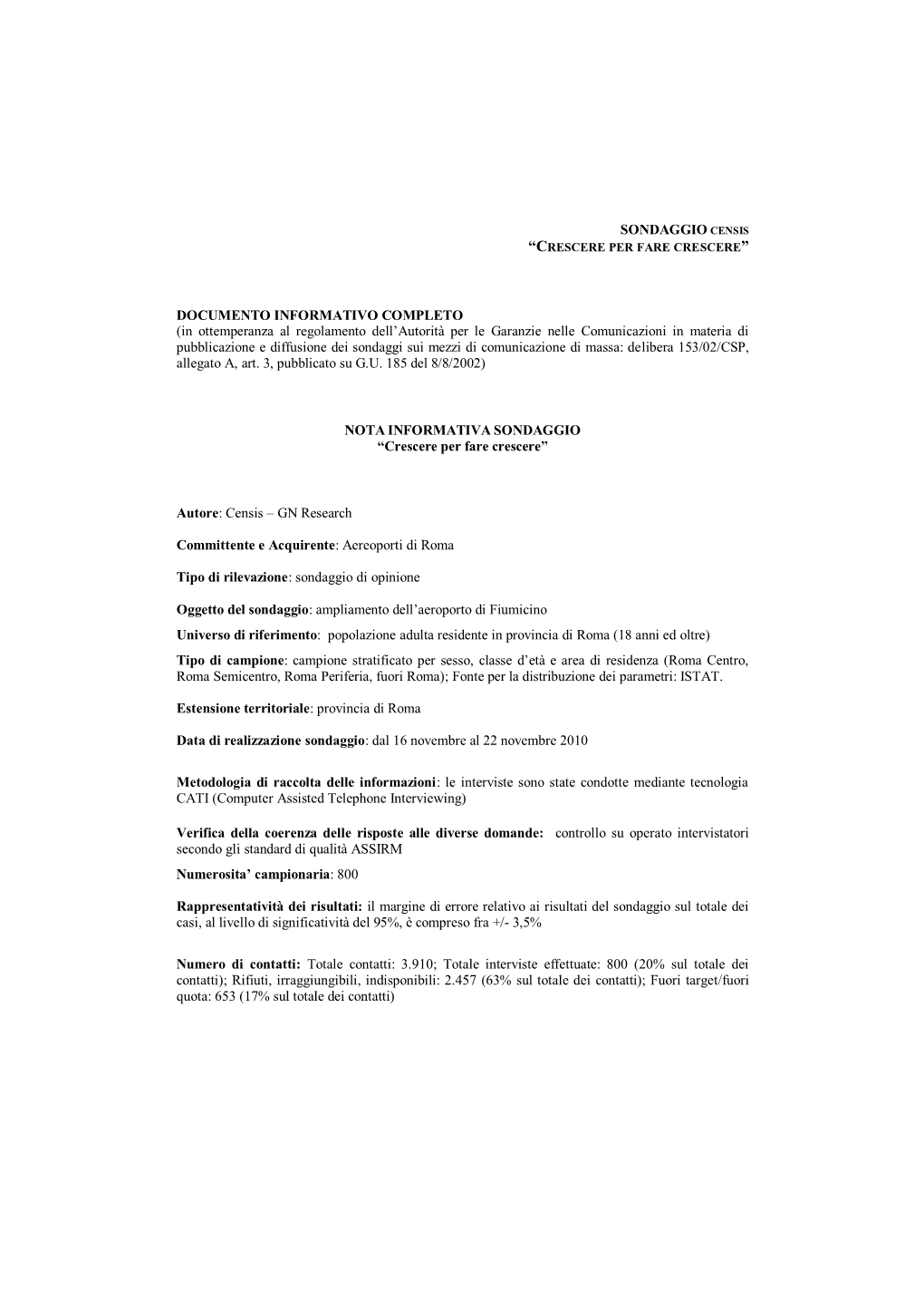 Sondaggio Censis Documento Informativo Completo