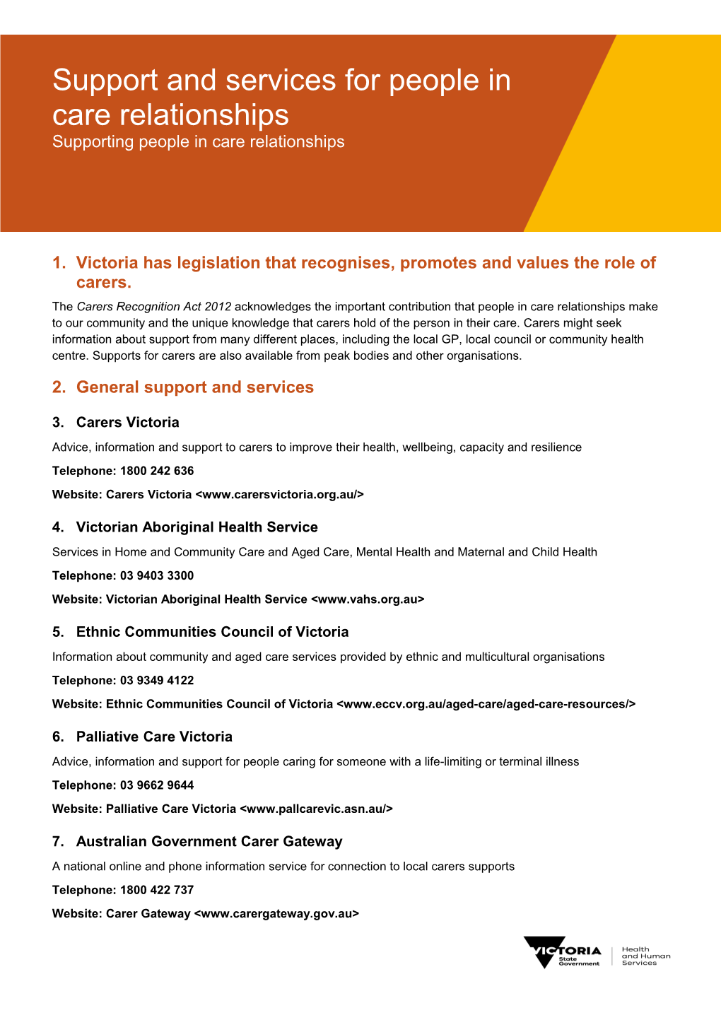 Support and Services for People in Care Relationships