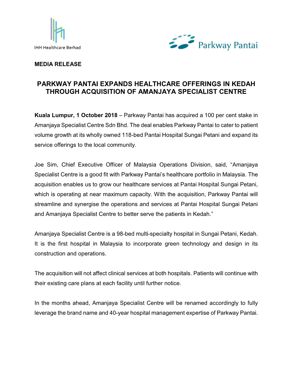Parkway Pantai Expands Healthcare Offerings in Kedah Through Acquisition of Amanjaya Specialist Centre