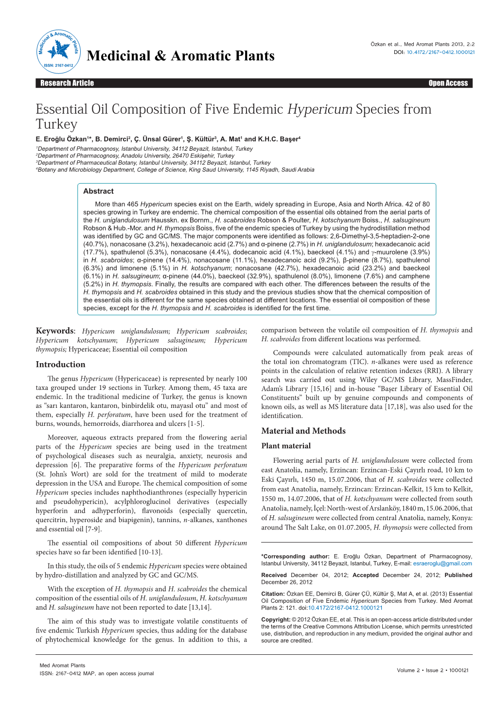 Essential Oil Composition of Five Endemic Hypericum Species from Turkey E