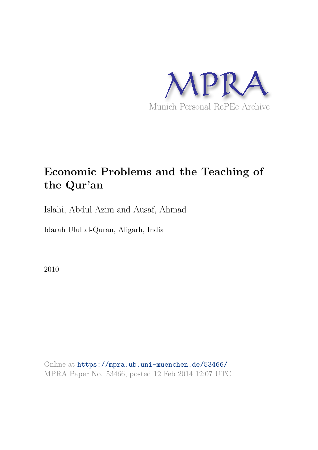 Economic Problems and the Teaching of the Qur'an