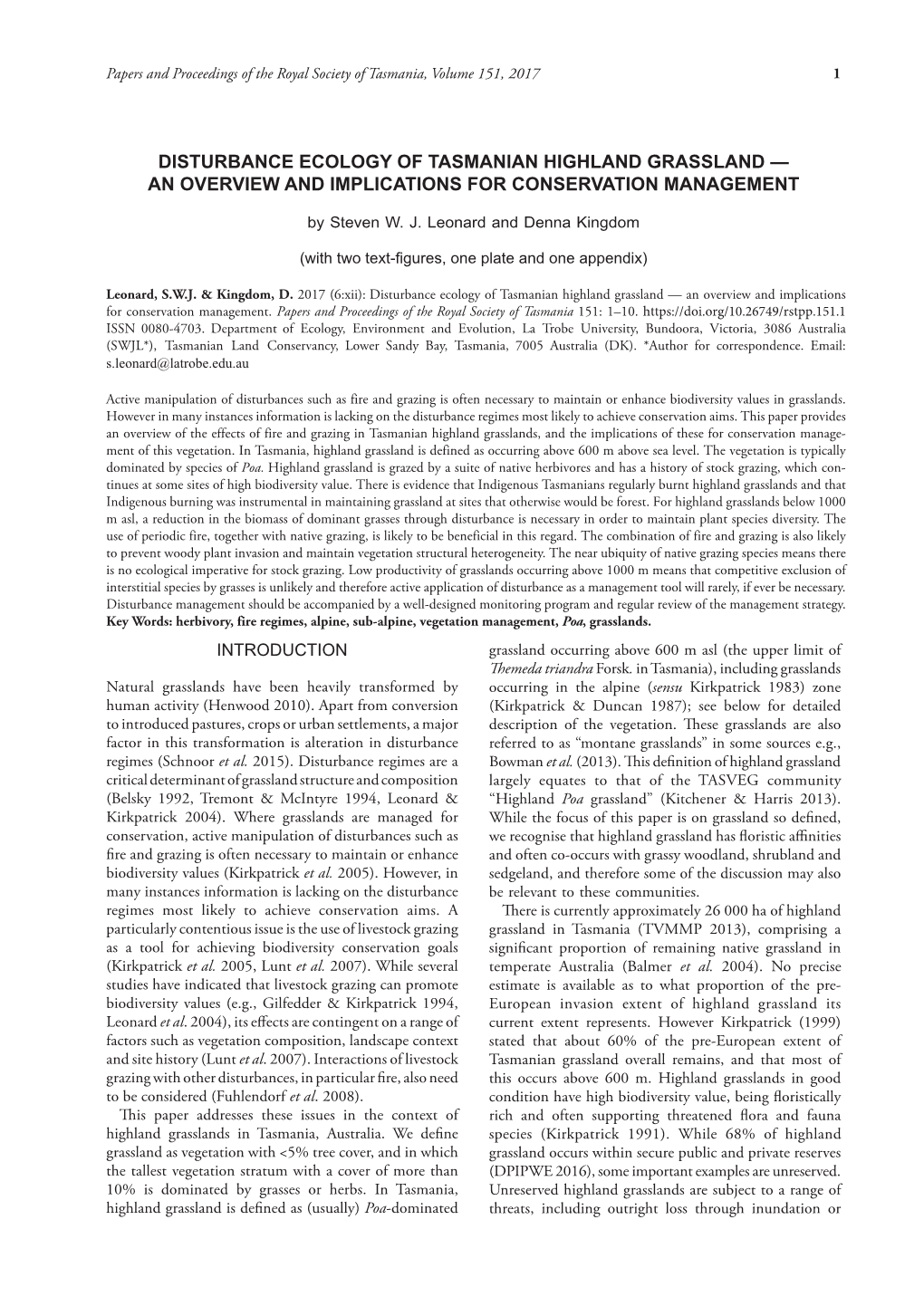 Disturbance Ecology of Tasmanian Highland Grassland — an Overview and Implications for Conservation Management