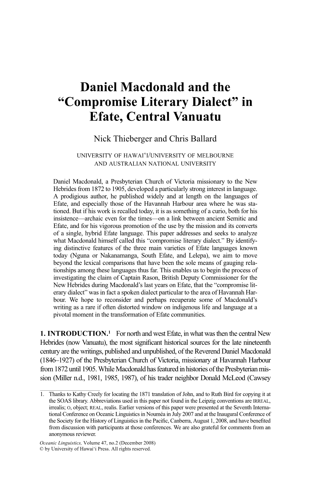 Daniel Macdonald and the “Compromise Literary Dialect” in Efate, Central Vanuatu