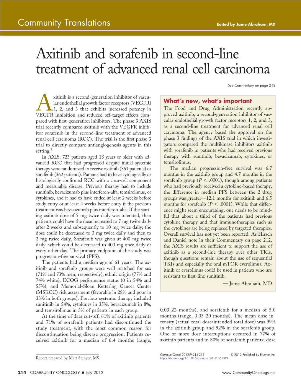Axitinib and Sorafenib in Second-Line Treatment of Advanced Renal Cell Carcinoma