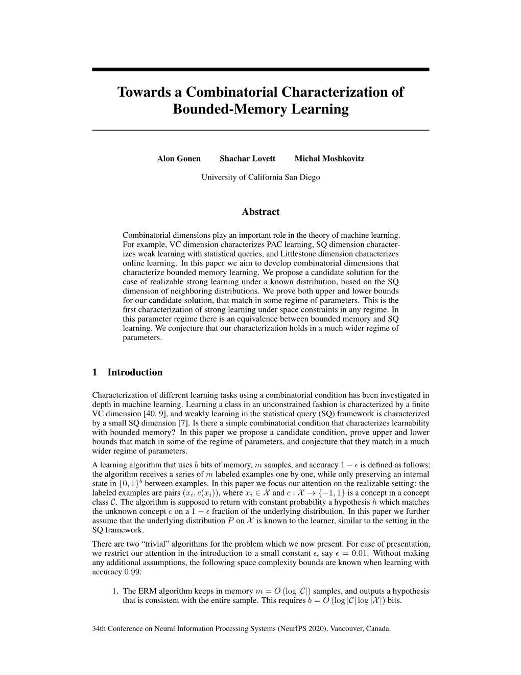 Towards a Combinatorial Characterization of Bounded-Memory Learning