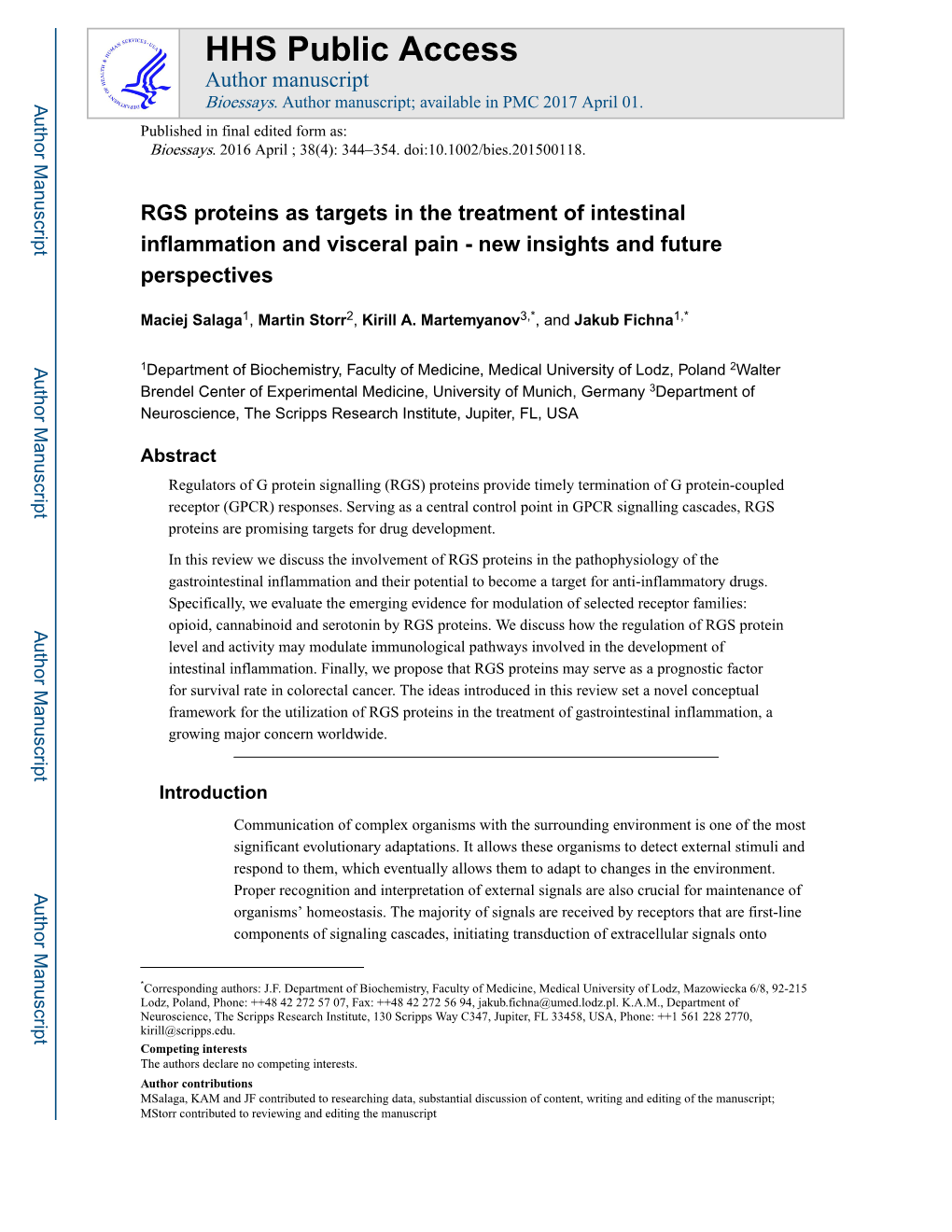 RGS Proteins As Targets in the Treatment of Intestinal Inflammation and Visceral Pain - New Insights and Future Perspectives