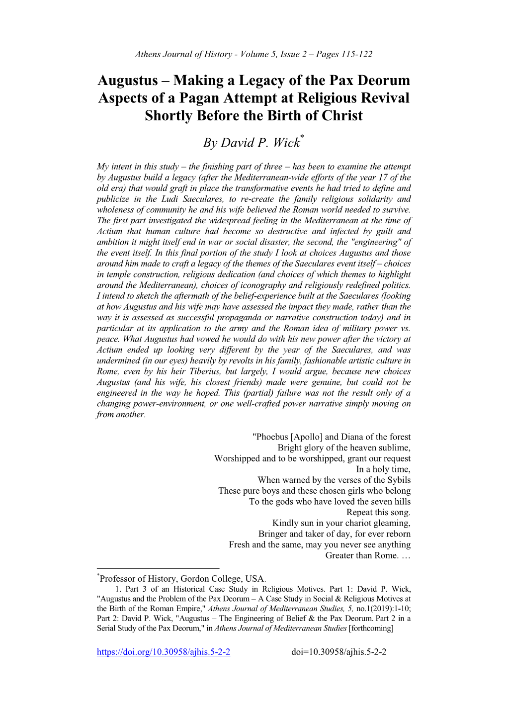 Augustus – Making a Legacy of the Pax Deorum Aspects of a Pagan Attempt at Religious Revival Shortly Before the Birth of Christ