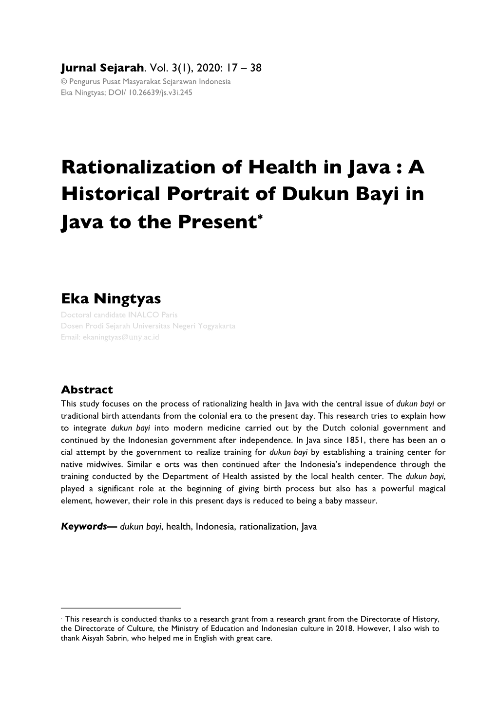 A Historical Portrait of Dukun Bayi in Java to the Present∗