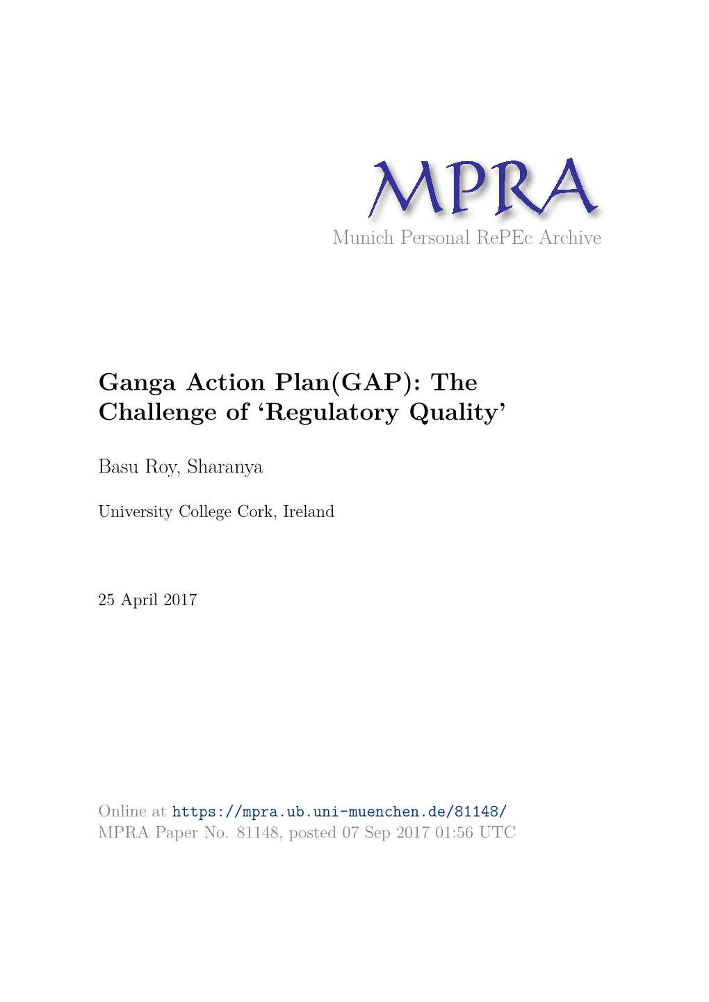 Ganga Action Plan(GAP): the Challenge of 'Regulatory Quality'