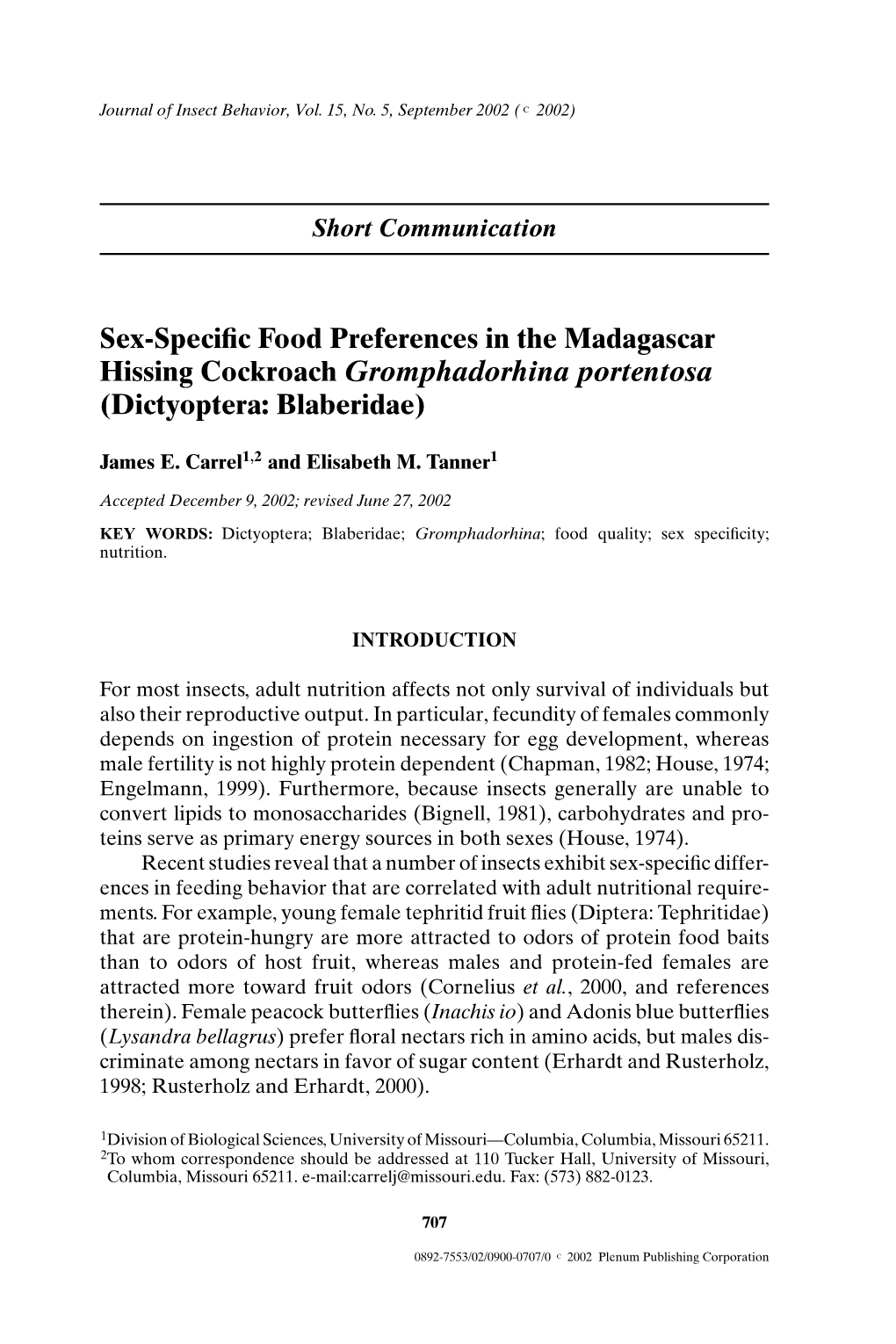 Sex-Specific Food Preferences in the Madagascar