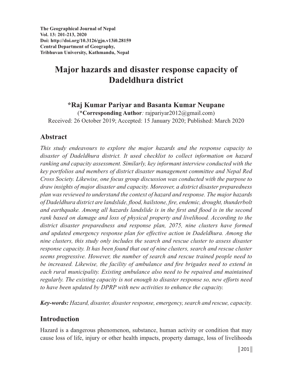 Major Hazards and Disaster Response Capacity of Dadeldhura District