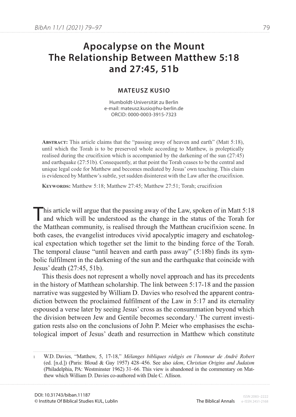 Apocalypse on the Mount the Relationship Between Matthew 5:18