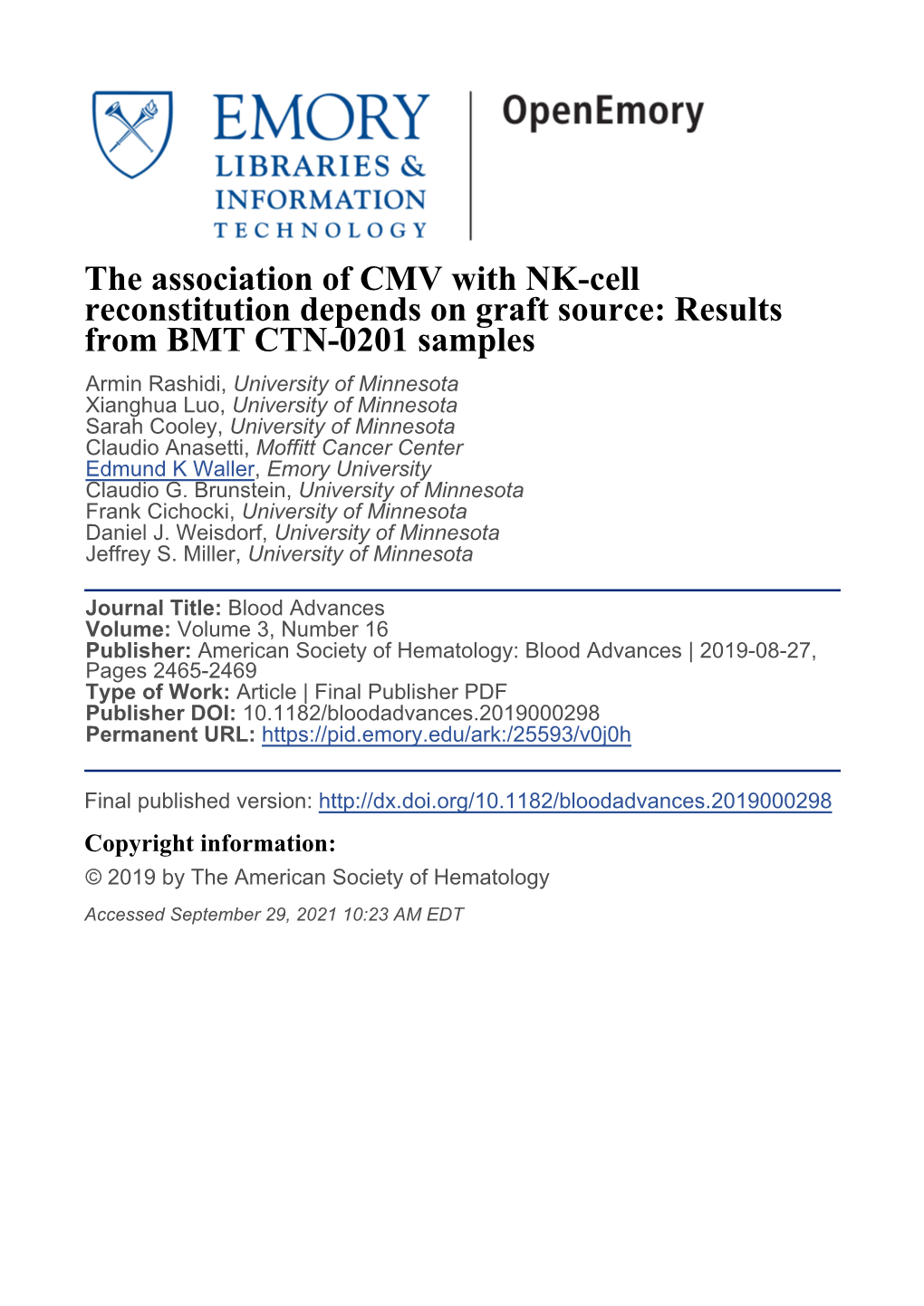 The Association of CMV with NK-Cell Reconstitution Depends on Graft