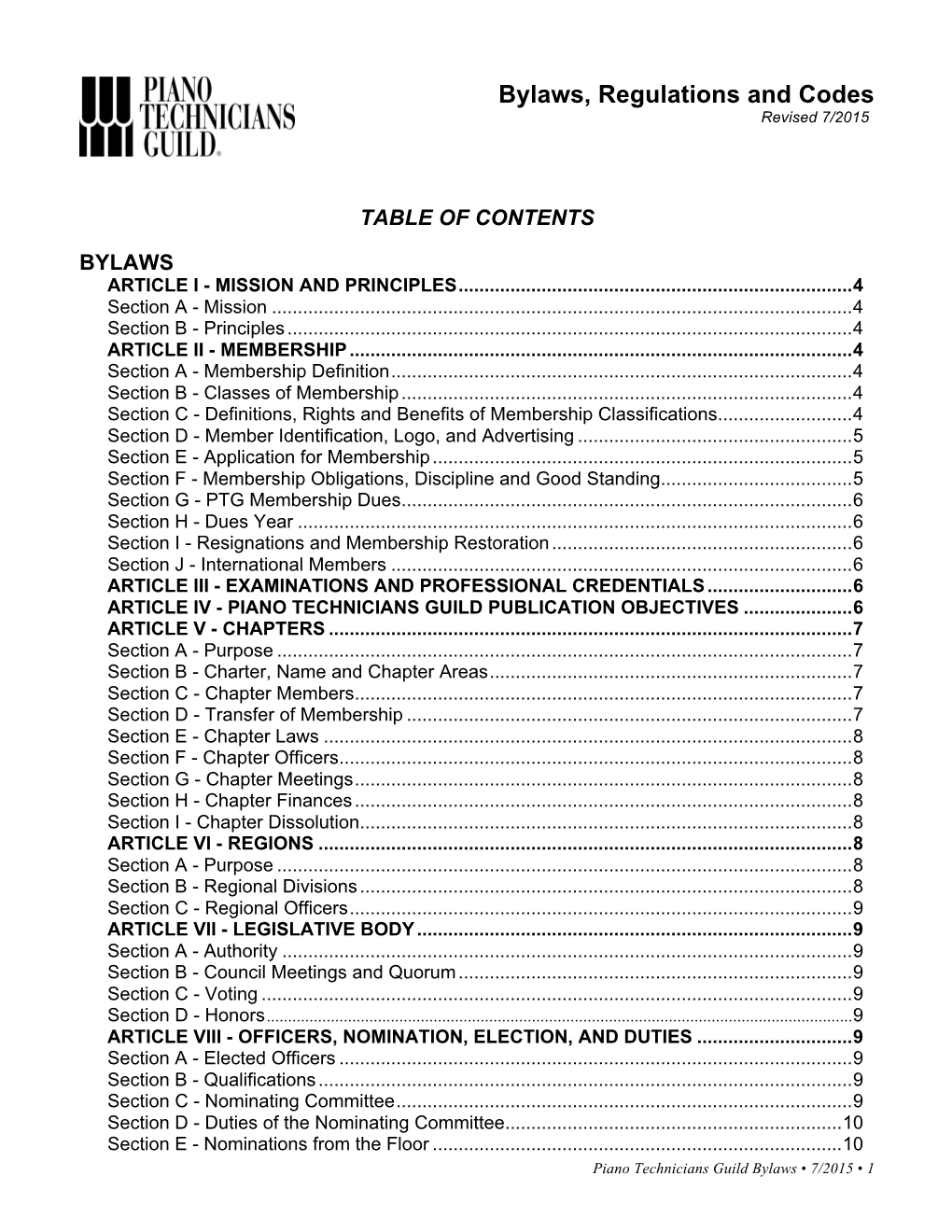 Bylaws, Regulations and Codes Revised 7/2015