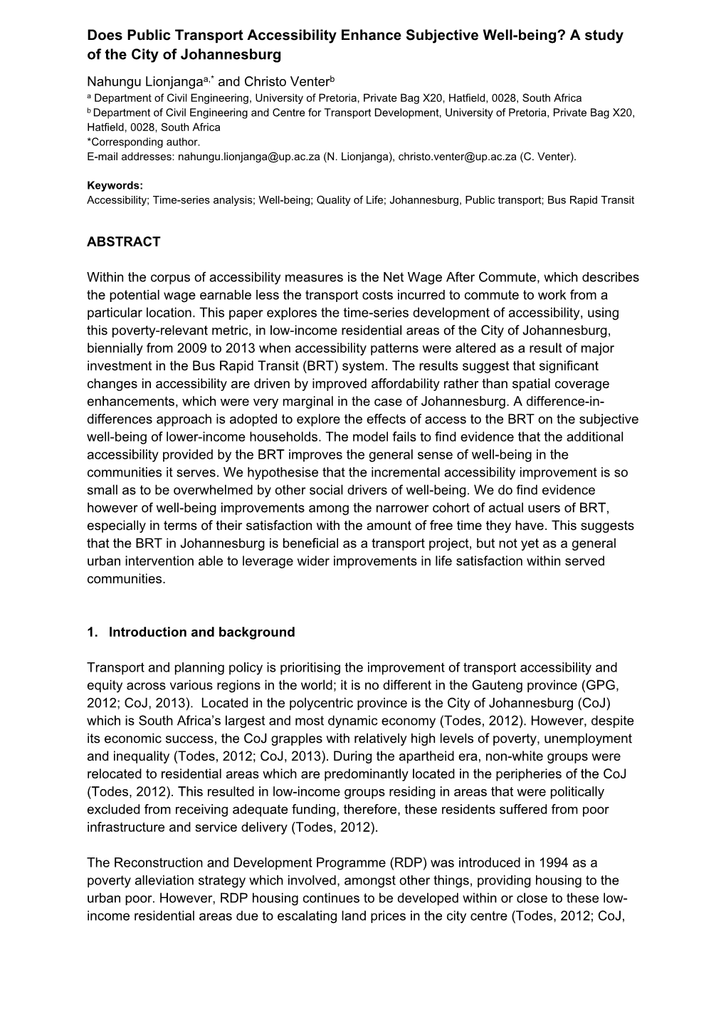 Does Public Transport Accessibility Enhance Subjective Well-Being? a Study of the City of Johannesburg