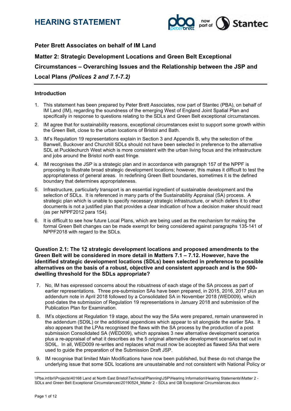 Green Belt Exceptional Circumstances – Overarching Issues and the Relationship Between the JSP and Local Plans (Polices 2 and 7.1-7.2)