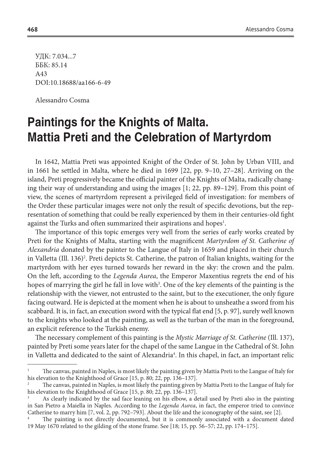 Paintings for the Knights of Malta. Mattia Preti and the Celebration of Martyrdom