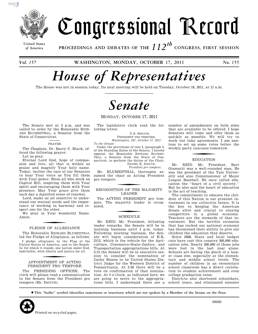 Congressional Record United States Th of America PROCEEDINGS and DEBATES of the 112 CONGRESS, FIRST SESSION