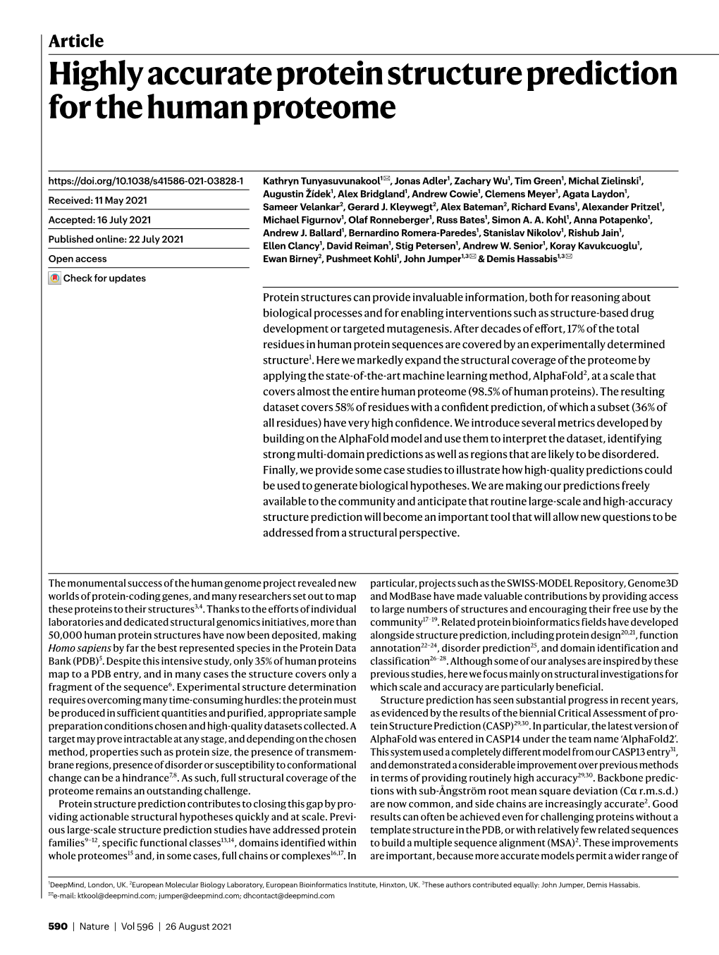 Highly Accurate Protein Structure Prediction for the Human Proteome