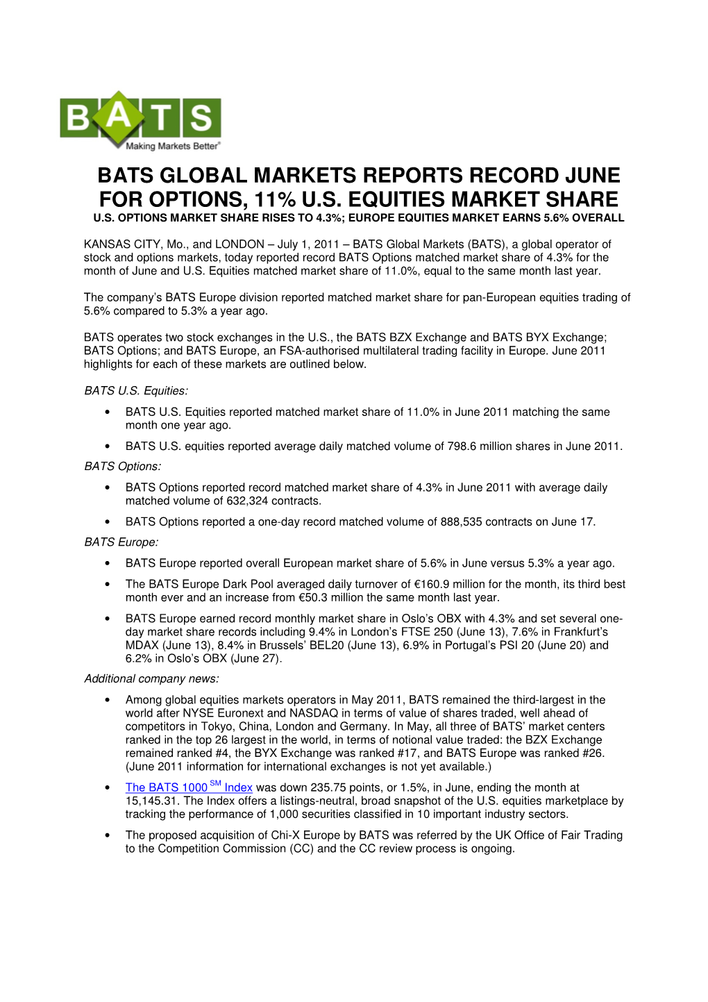 Bats Global Markets Reports Record June for Options, 11% U.S. Equities Market Share U.S