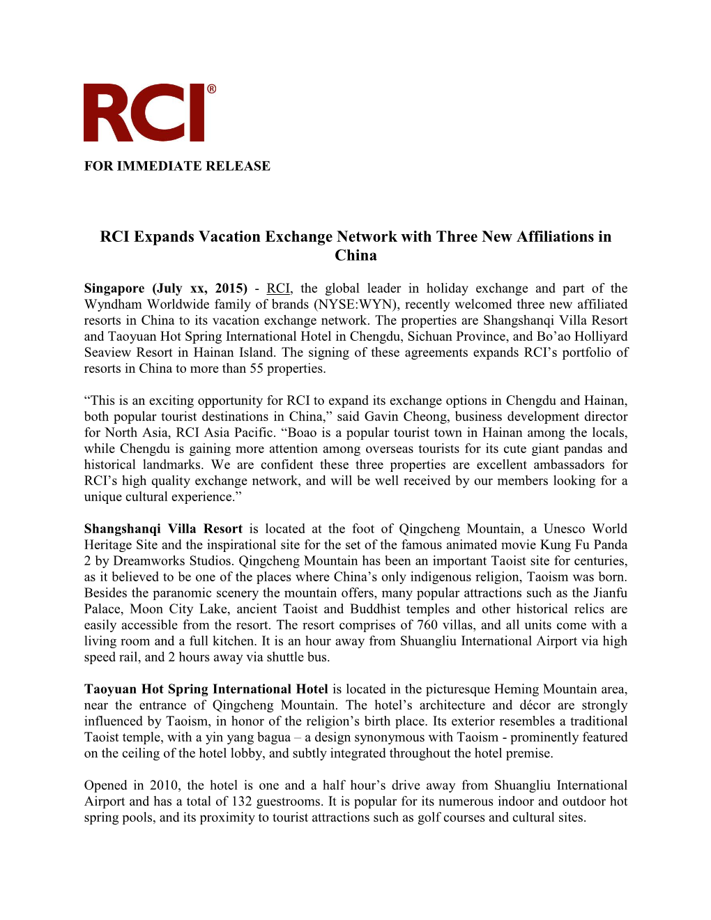 RCI Expands Vacation Exchange Network with Three New Affiliations in China