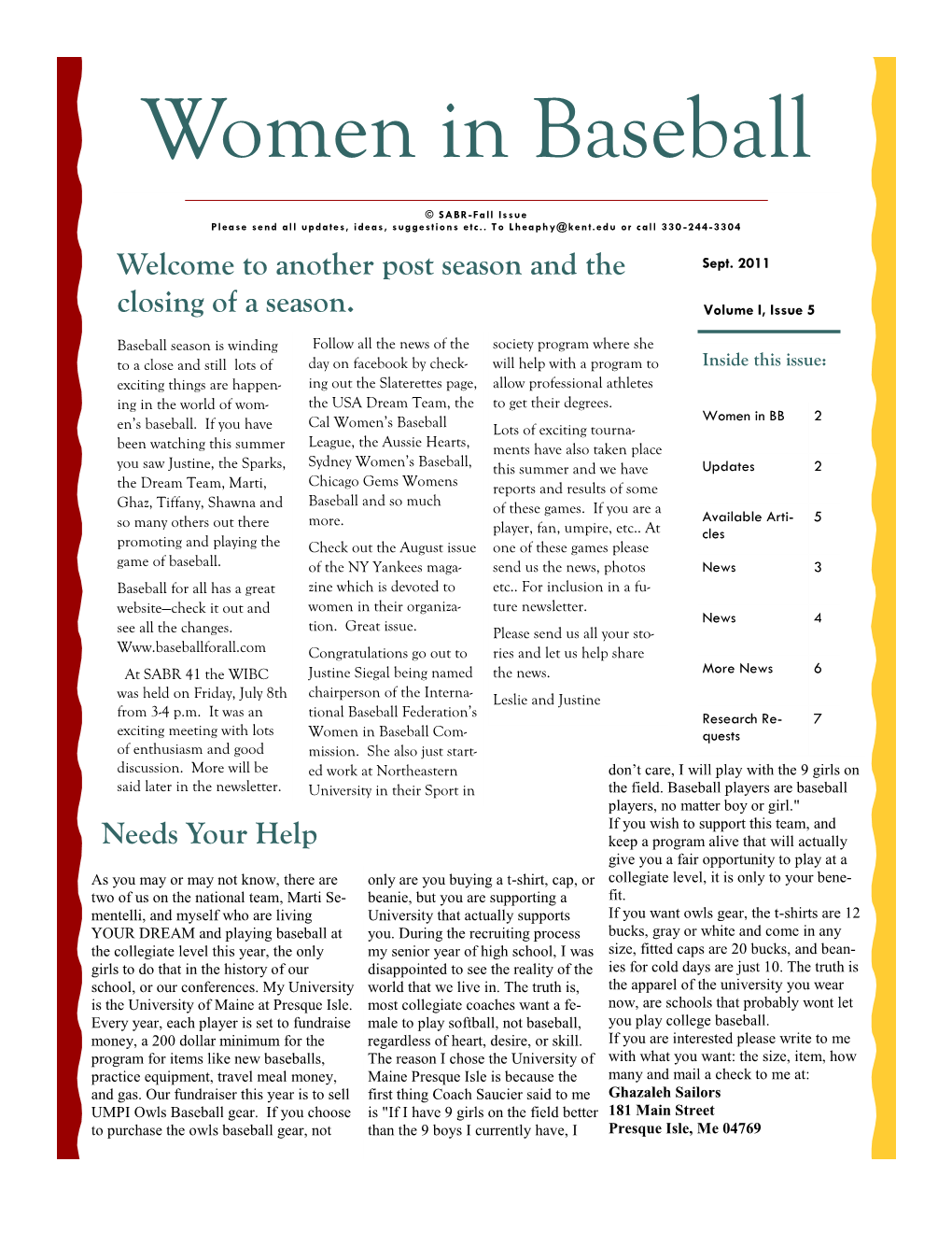 SABR, Women in Baseball 2011 Fall Issue