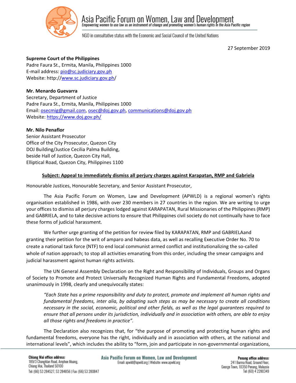 27 September 2019 Supreme Court of the Philippines Padre Faura St., Ermita, Manila, Philippines 1000 E-Mail Address