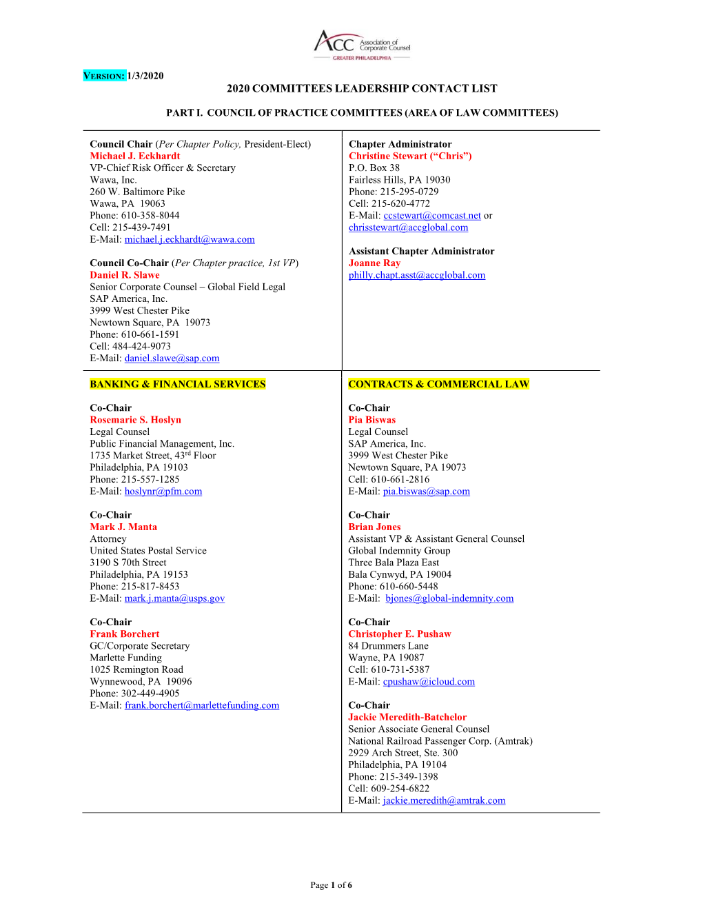 2020 Committees Leadership Contact List