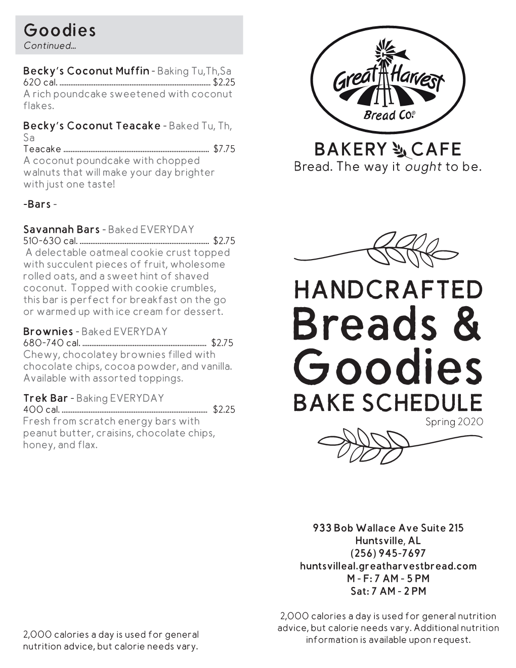 Bread and Goodies Menu