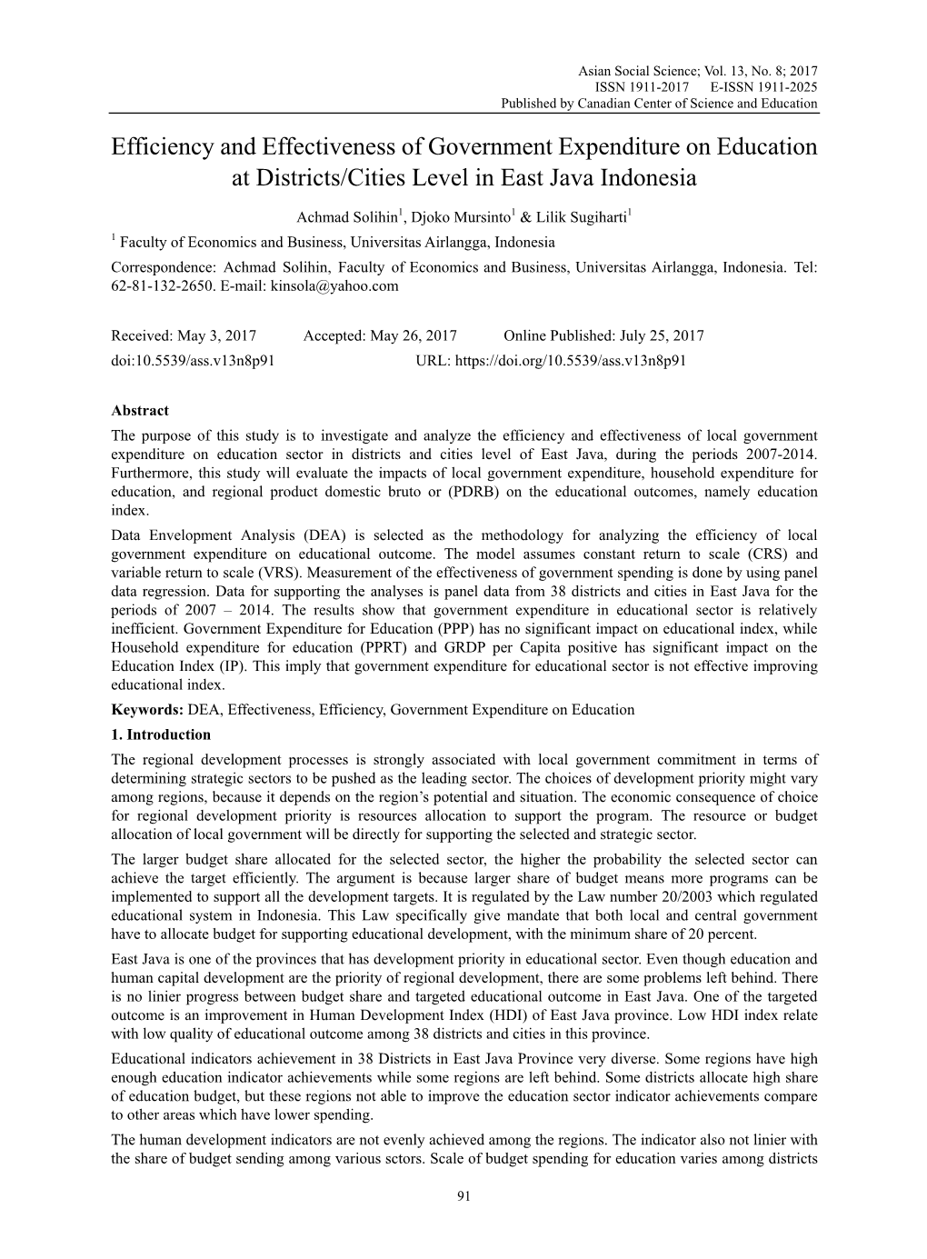 Efficiency and Effectiveness of Government Expenditure on Education at Districts/Cities Level in East Java Indonesia