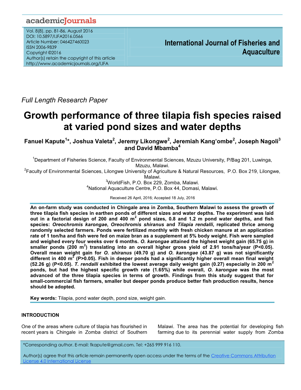 Growth Performance of Three Tilapia Fish Species Raised at Varied Pond Sizes and Water Depths