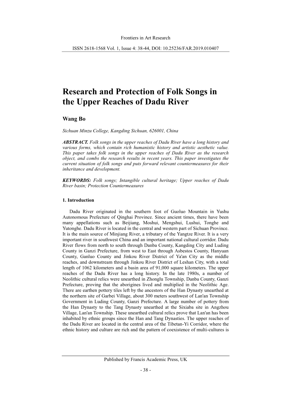 Research and Protection of Folk Songs in the Upper Reaches of Dadu River
