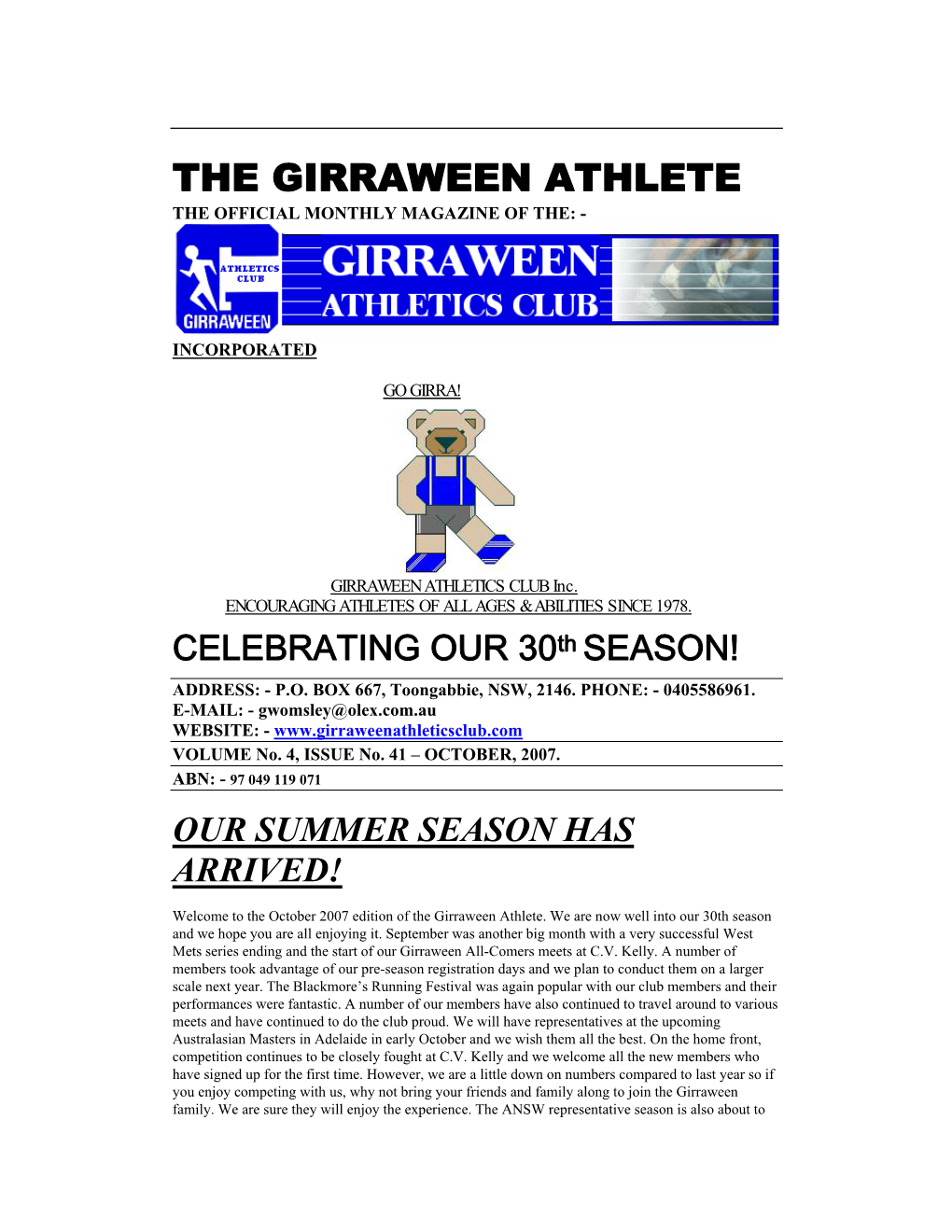 The Girraween Athlete the Official Monthly Magazine of The: