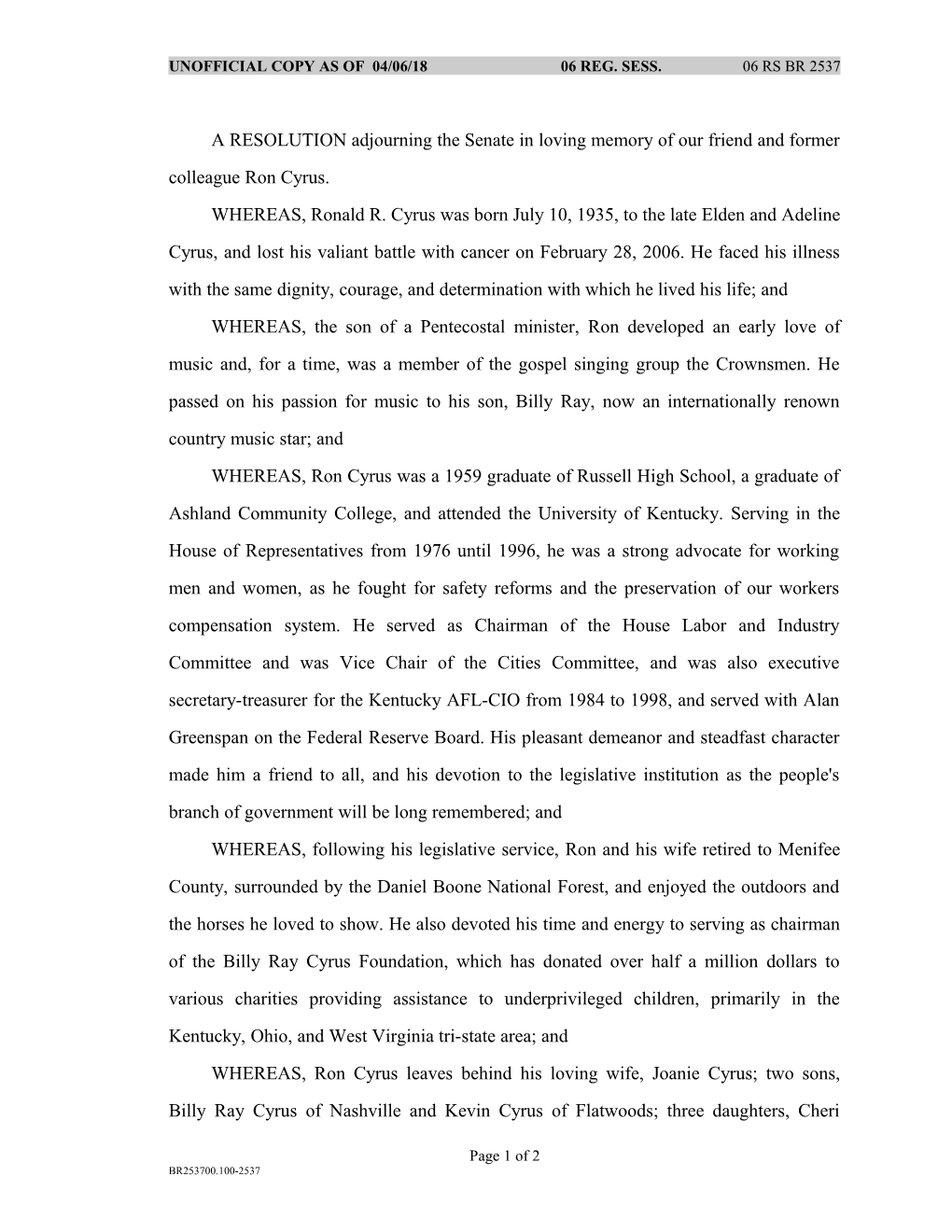 Unofficial Copy As of 03/02/06 06 Reg. Sess. 06 Rs Br 2537